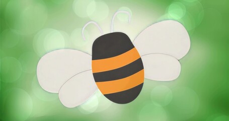 Floating cartoon bee gliding over green gradient, featuring white wings orange stripes and antennae