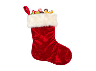 Classic red Christmas stocking with white fluffy trim and candy peeking out, isolated on white PNG background.