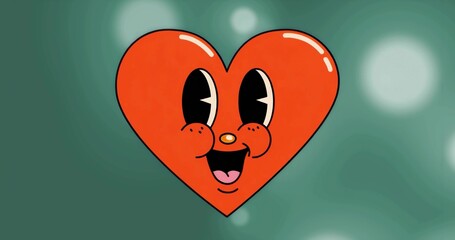 Floating red heart smiling in green gradient digital backdrop with white bokeh circles