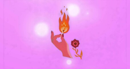 Holding lit matchstick, stylized hand showing orange flame in pastel pink field, with red flower