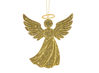 Golden angel Christmas tree topper with glowing edges, elegant wings, isolated on white background.