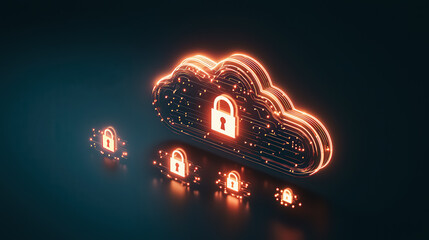 Illustration of a data cloud with glowing padlock symbols, floating above a dark background, providing ample copy space for text