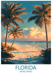 Florida United States travel poster vector illustration of a tropical beach sunset scene framed by tall palm trees and warm sky colors.