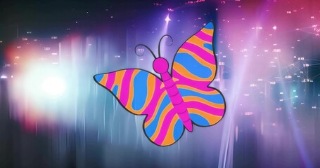 Naklejka premium Floating cartoon butterfly hovering above digital environment, showing streaks, code, nodes, flares
