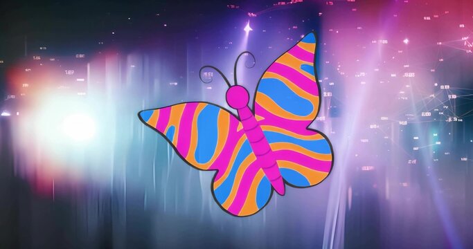 Floating cartoon butterfly hovering above digital environment, showing streaks, code, nodes, flares - Powered by Adobe