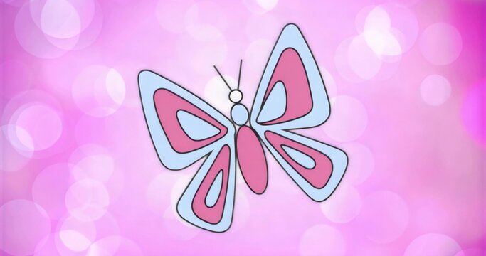 Displaying stylized butterfly graphic on pink gradient background, with pastel bokeh circles