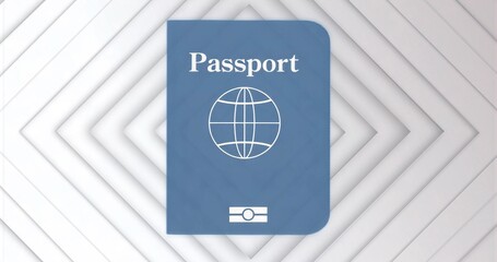 Featuring blue passport graphic centered in abstract design, with globe symbol and biometric mark