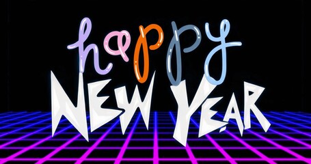 Floating neon-gradient happy New Year lettering above magenta-blue grid stage, digital backdrop