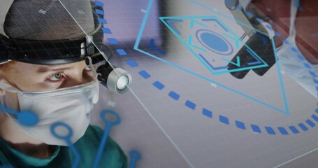 Operating masked surgeon wearing scrubs and headlight loupe in OR with AR graphics, copy space