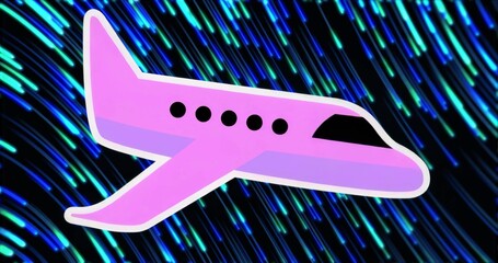Floating pink jet airplane showing five windows over dark cosmic backdrop, with neon streaks