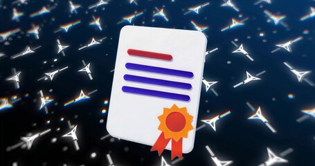 Hovering certificate displaying red stripe, purple lines, orange seal  and  white triangles on gradi