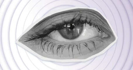 Displaying grayscale eye cut-out occupying center of graphic plane, with lavender ripple pattern