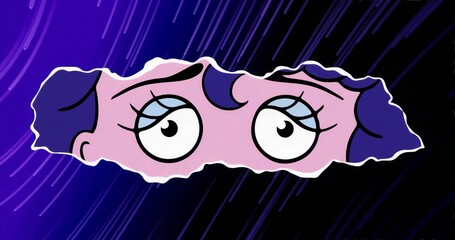 Peering stylized cartoon face floating over purple gradient backdrop, with jagged tear outline
