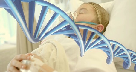Resting female child wearing hospital gown and oxygen mask in hospital room, with DNA helix overlay