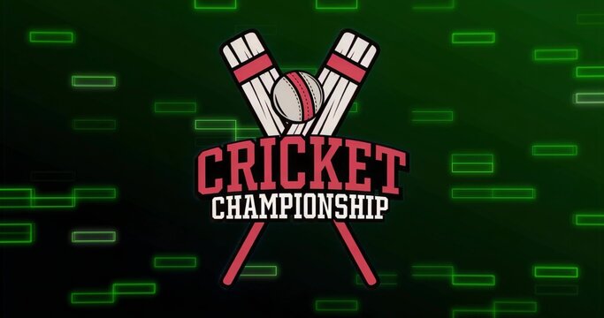 Cricket championship emblem showing crossed bats and ball on digital backdrop with neon green bars
