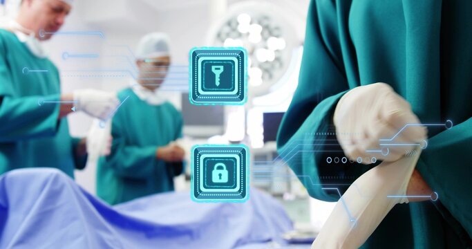 Pulling on glove scrubbed surgeon preparing surgery in OR, with digital key lock icons, copy space - Powered by Adobe