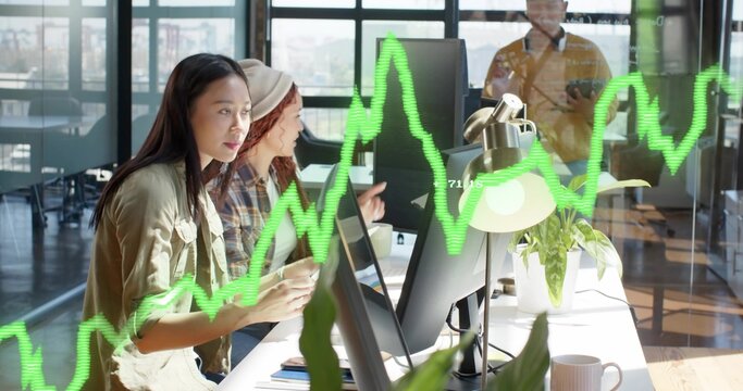 Analyzing three women reviewing financial charts on computer monitors in open office, with coffee