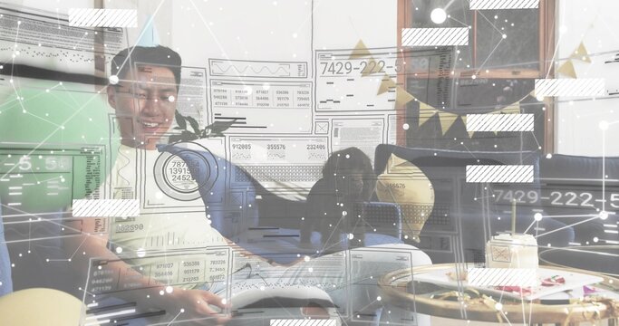 Viewing digital interface overlays, couple sitting on sofa at home, with magazine and dessert stand - Powered by Adobe