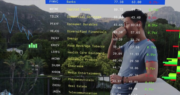 Standing man holding coffee mug on balcony overlooking valley with chart ticker overlay, copy space