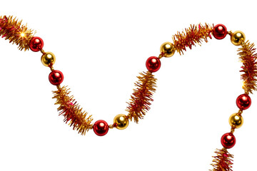 Shiny metallic Christmas garland with red and gold beads, twinkling accents, isolated on white.