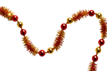 Shiny metallic Christmas garland with red and gold beads, twinkling accents, isolated on white.