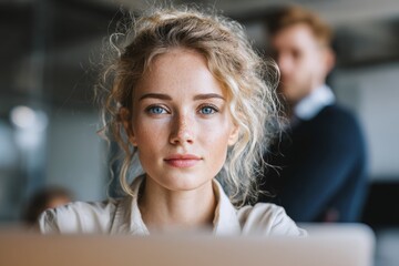 a young blonde woman with curly hair and blue eyes sitting at her office desk