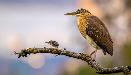 A large bird with brown feathers and a smaller bird, both perched on a branch with blurred background