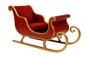 Realistic red sleigh with gold accents and curved runners, isolated on white background,