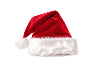 Realistic red Santa hat with soft white fur trim and fluffy pom-pom, isolated on clean white background,