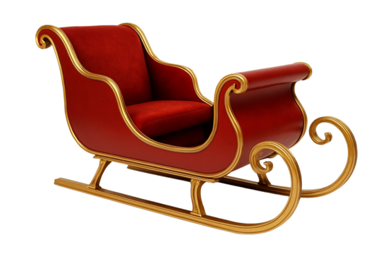 Realistic red sleigh with gold accents and curved runners, isolated on white background,
