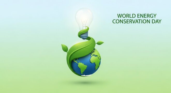 World Energy Conservation Day Earth with Green Leaves and Light Bulb.
