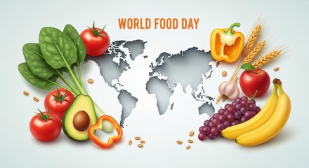World Food Day Celebration with Fresh Fruits and Vegetables Displayed Around a World Map.