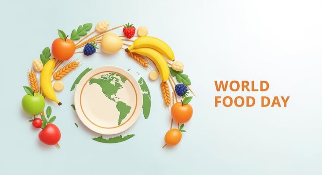 World Food Day Celebration with Fresh Fruits and Vegetables Arranged Around a Globe.