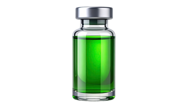 A glass vial filled with a green liquid, sealed tightly