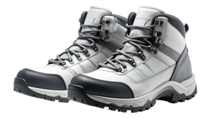 Two white and gray leather hiking boots facing to the left