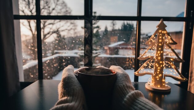 First-person view of hands in mittens holding steaming mug by window with falling snow outside, cozy winter holiday atmosphere with small lit Christmas tree