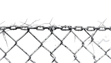 Metallic chain link fence topped with barbed wire against dark