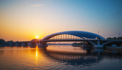 Obraz premium Modern arch bridge over water reflecting sunset sky