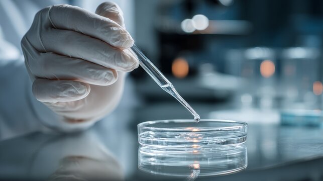 close-up of a researchers hands in a laboratory working with a dropper
