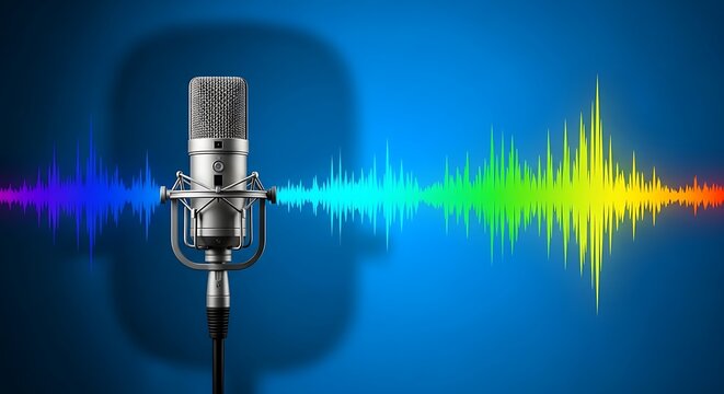 Acoustic wave equalizer displaying a spectrum of vibrant colors alongside a professional studio microphone, symbolizing sound and audio technology