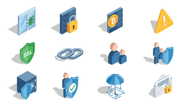Isometric cybersecurity icons featuring ssl, bitcoin, and encryption