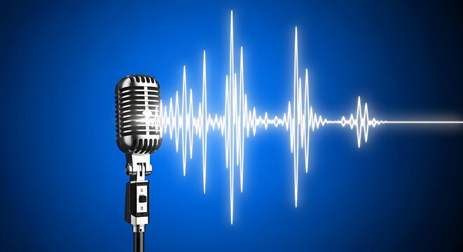 Retro microphone paired with a pulsating sound wave visualizer against a vibrant blue gradient background, symbolizing audio recording and broadcasting