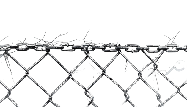 Metallic chain link fence topped with barbed wire against dark