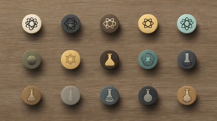 Fifteen distinct scientific icons displayed upon small circular wooden objects arranged in three rows on a textured wood surface