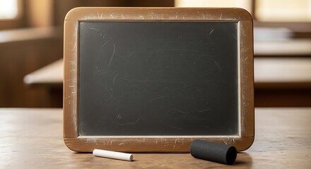 Empty chalkboard with chalk and eraser, ideal for educational content, school lessons, or creative writing prompts, offering a blank canvas for learning and imagination