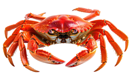 Vivid red crab, facing forward, against a black background