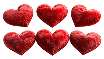 Six red, velvety, heart-shaped objects on black background