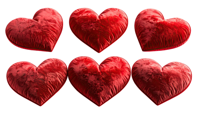 Six red, velvety, heart-shaped objects on black background