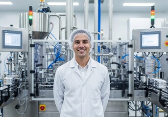 Fototapeta premium Engineer stands confidently in modern manufacturing facility during daytime shift