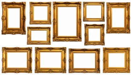 Grouping of ornate gilded empty picture frames on a black background